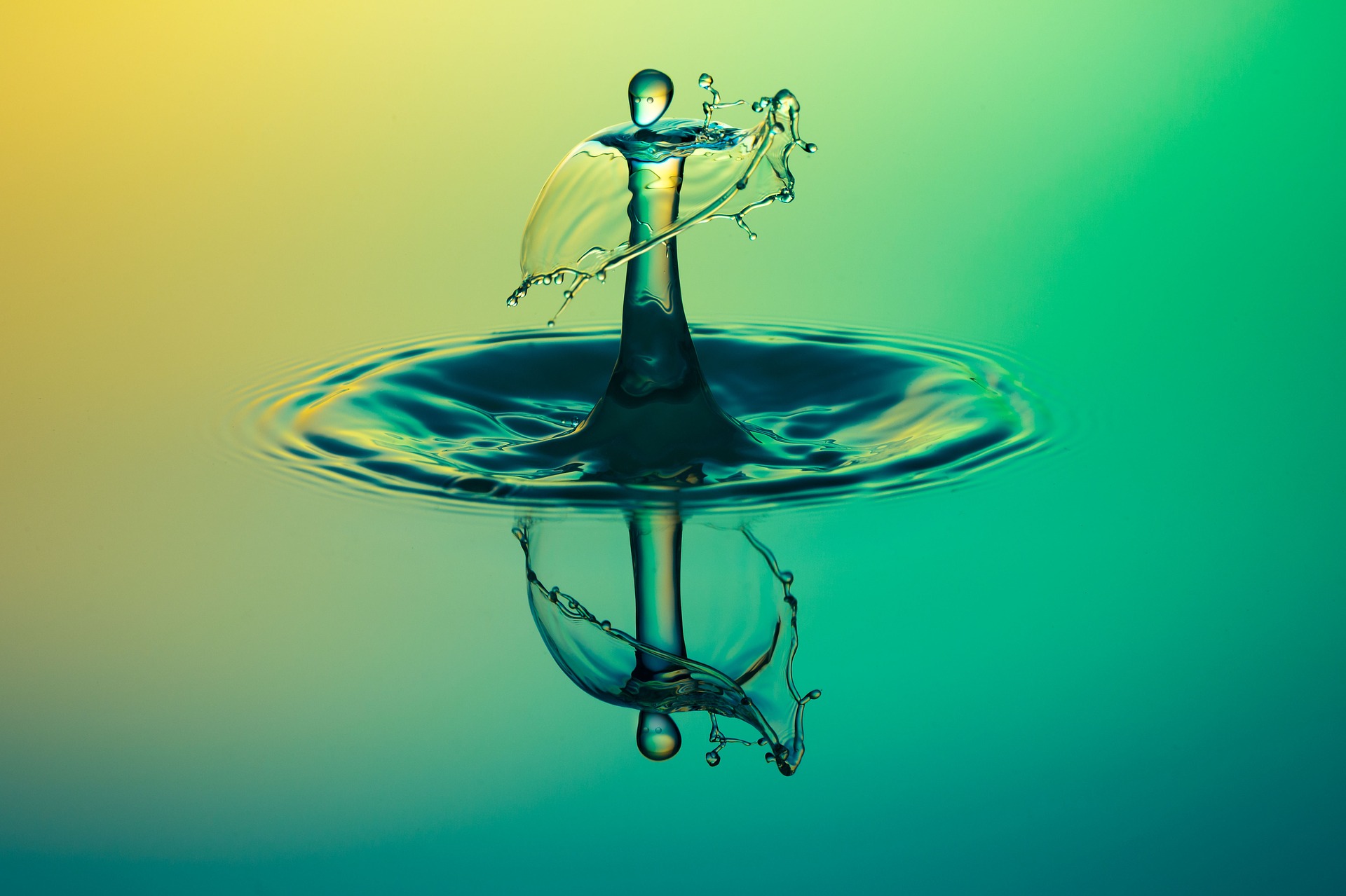 A drop plops into green-hued water