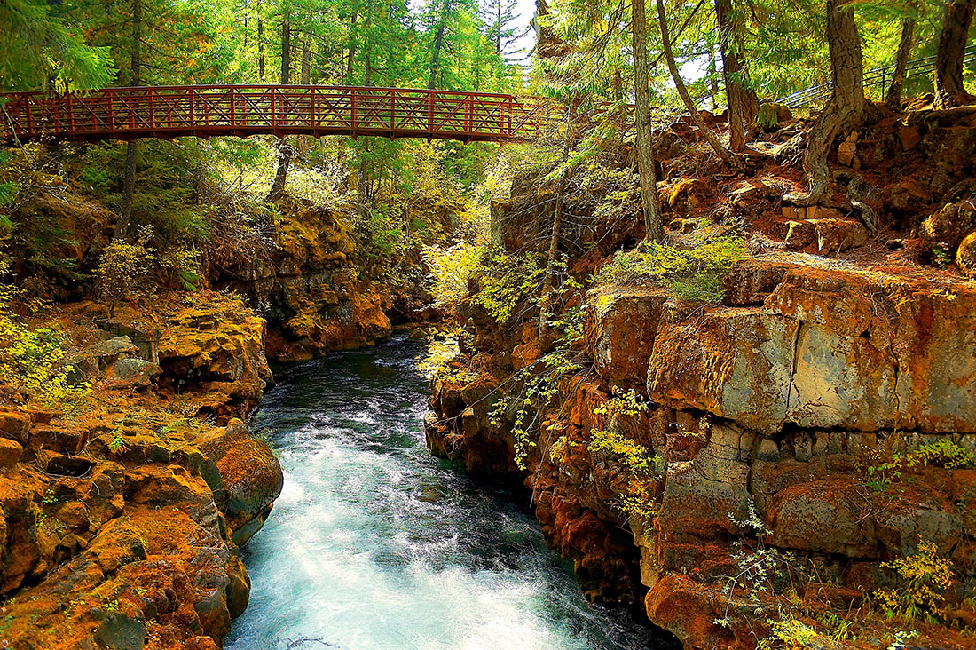 A footbridge gracefully arcs over a river gorge that's about 15 feet wide.
