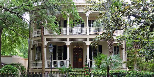 Classic Savannah home with elaborate porch and balcony