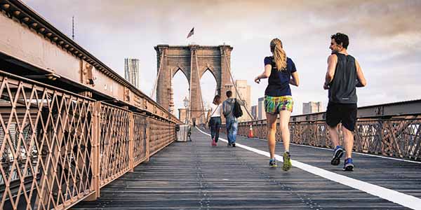 The 1.3-mile Brooklyn Bridge Pedestrian Walkway accommodates walkers, joggers and cyclists.