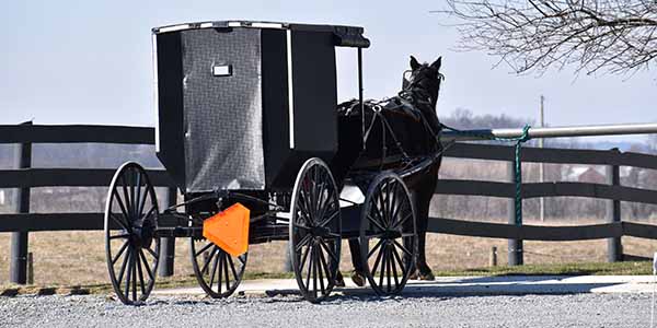 A black Amish buggy going down the road