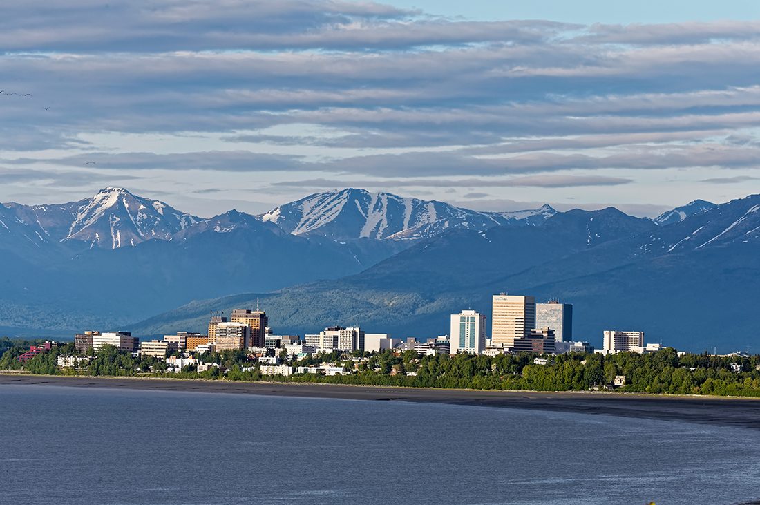 A view of Anchorage, Alaska, from the water.