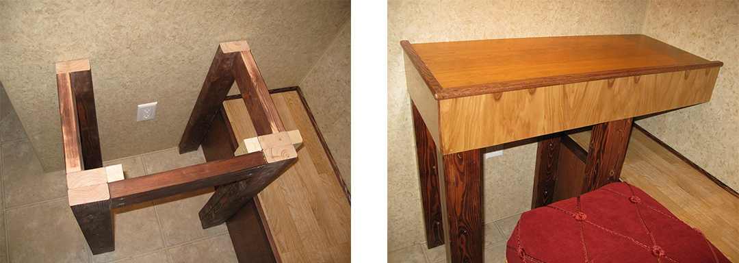 Side-by-side images of a workbench made of two-by-fours and playwood.