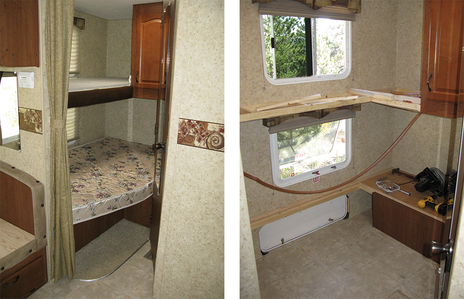 Side-by-side, before-and-after images of a converted bunkhouse in an RV.