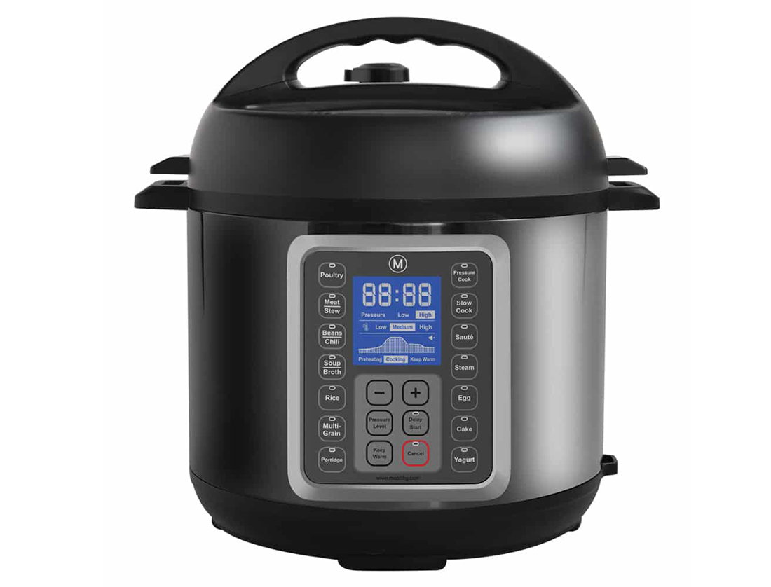 A pressure cooker with digital readout and closed lid. Pressure cook flavorful fajitas