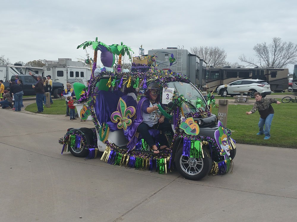 A costumed revelers drives a vehicle decked out in purple and green Mardi grass colors with streamers hanging of the side.