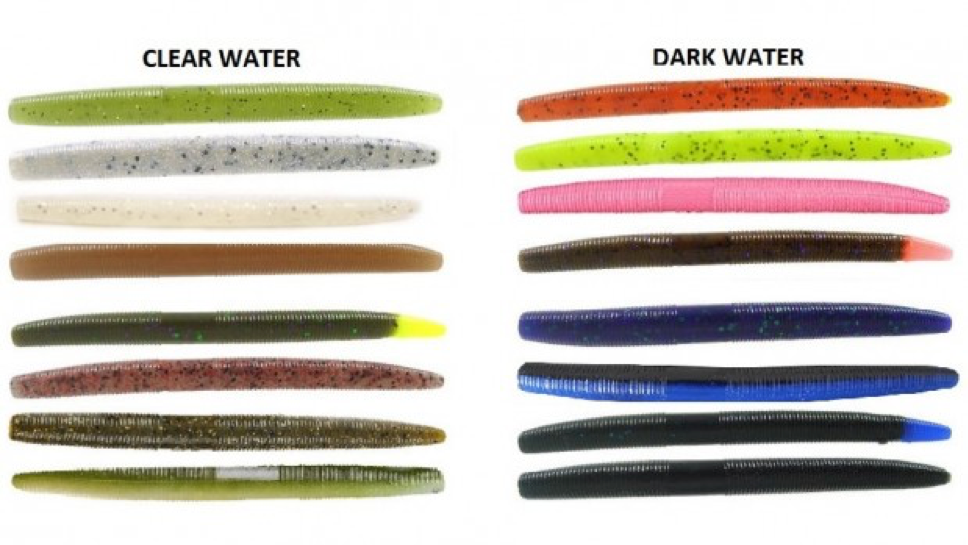 Two vertical columns of colorful plastic fishing worm lures, one for clear water, one for dark water. 