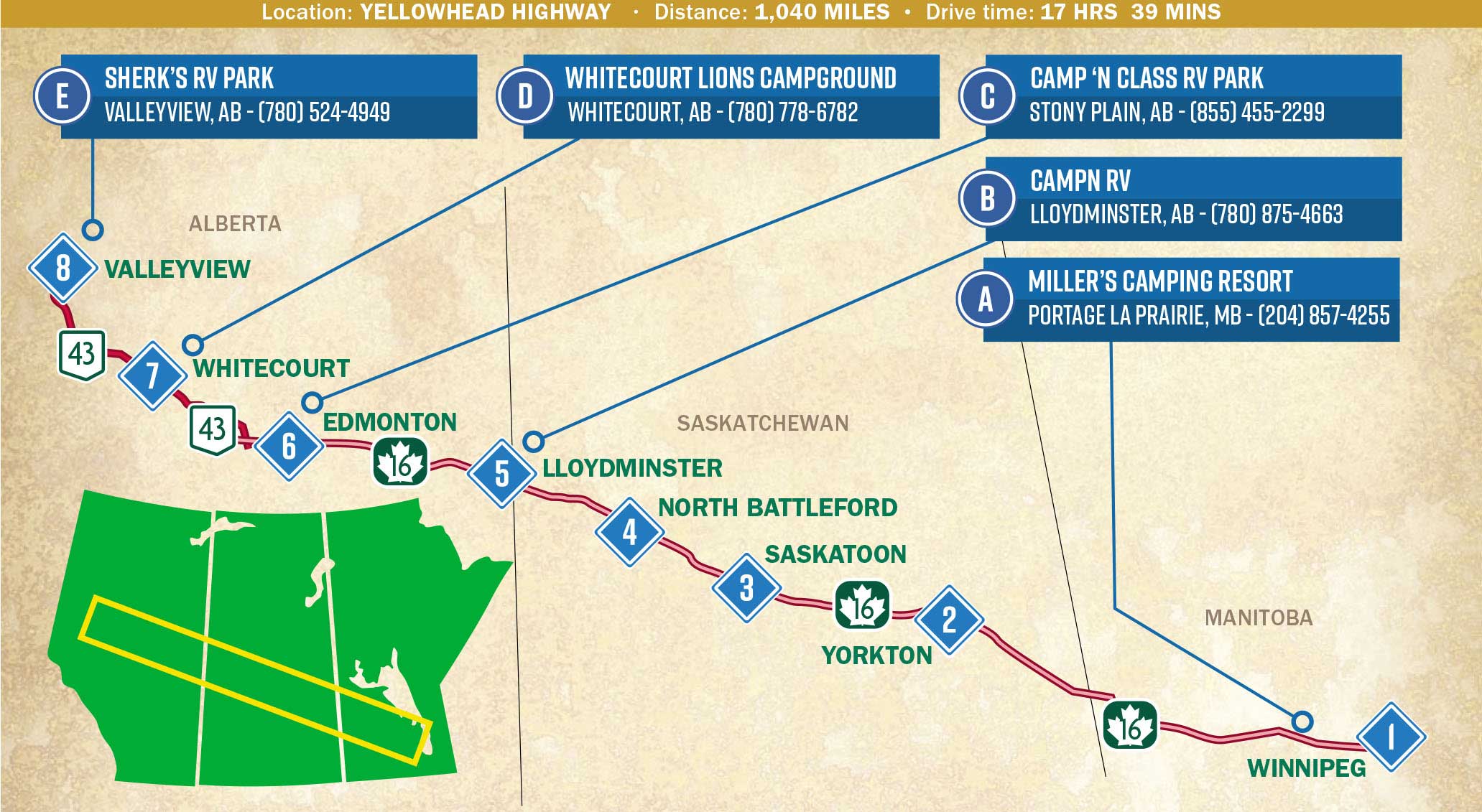 A map indicating a route through three provinces as part of the Yellowhead Highway.