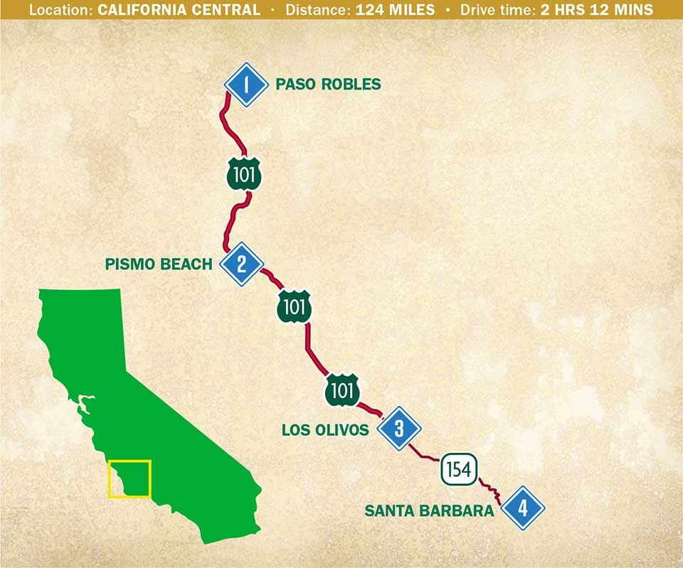 A map showing a route along California's Central Coast.