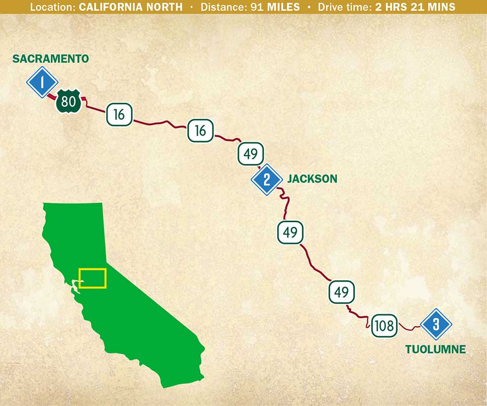 A map indicating a route through Northern California.