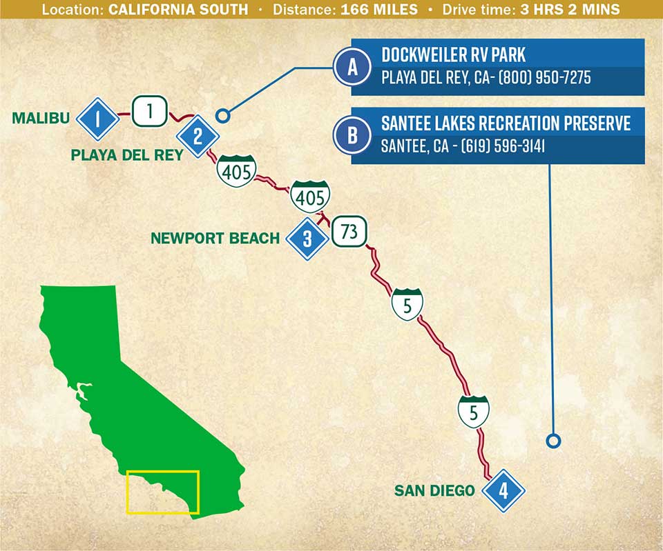 A map indicating a route through the Southern California coast.