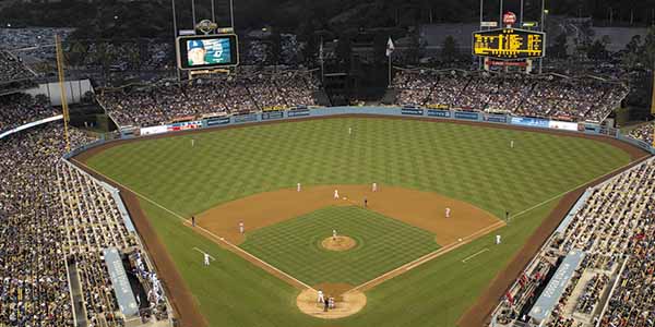 Baseball fans fill up Dodge Stadium in the Elysium Park neighborhood of Los Angeles