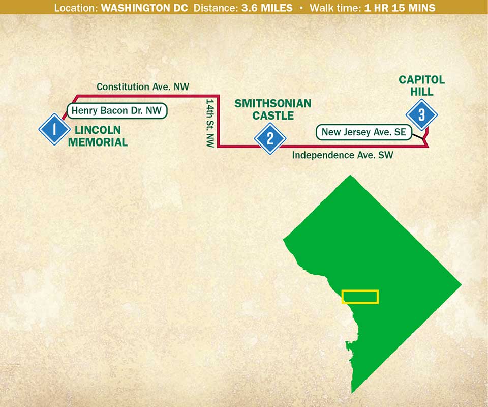 A map indicating a route through Washington, D.C.