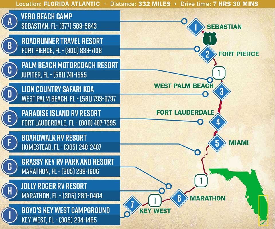 A map indicating a route through the Florida Atlantic coast.