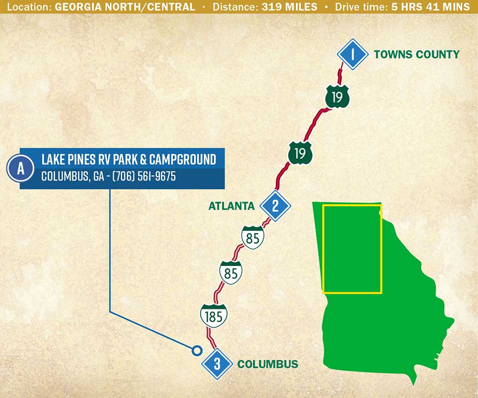 A map indicating a route through Northern Georgia.