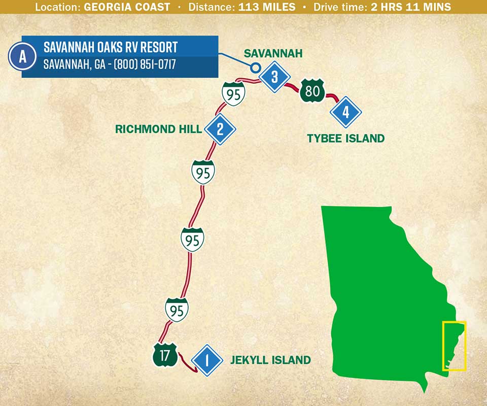 A map indicating a route through Georgia's Coast