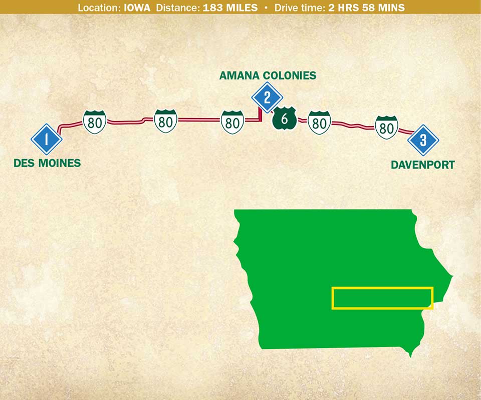 A map indicating a route through Iowa.