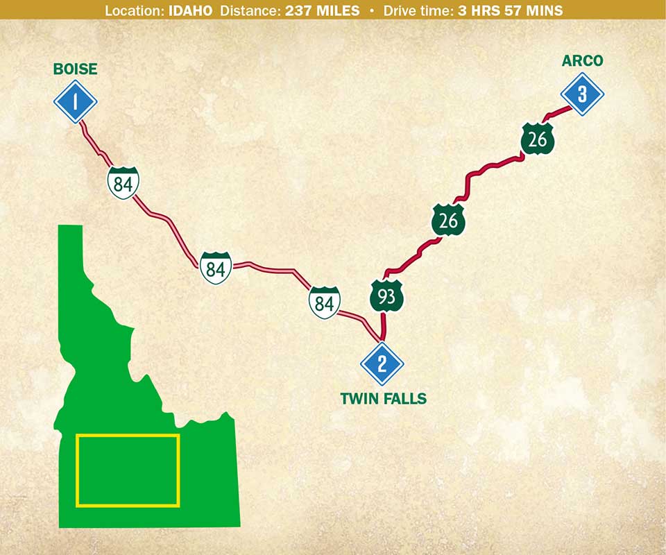 A map indicating a route through Idaho