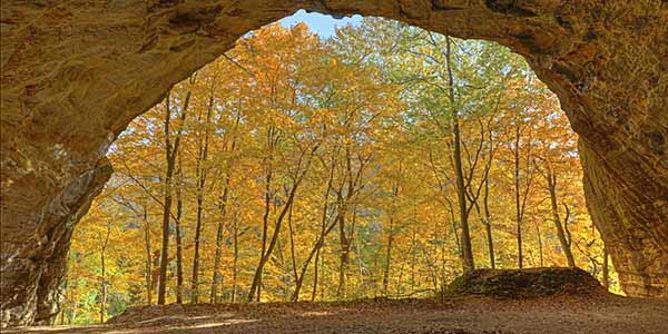 View of autumn trees from inside a rock arch.