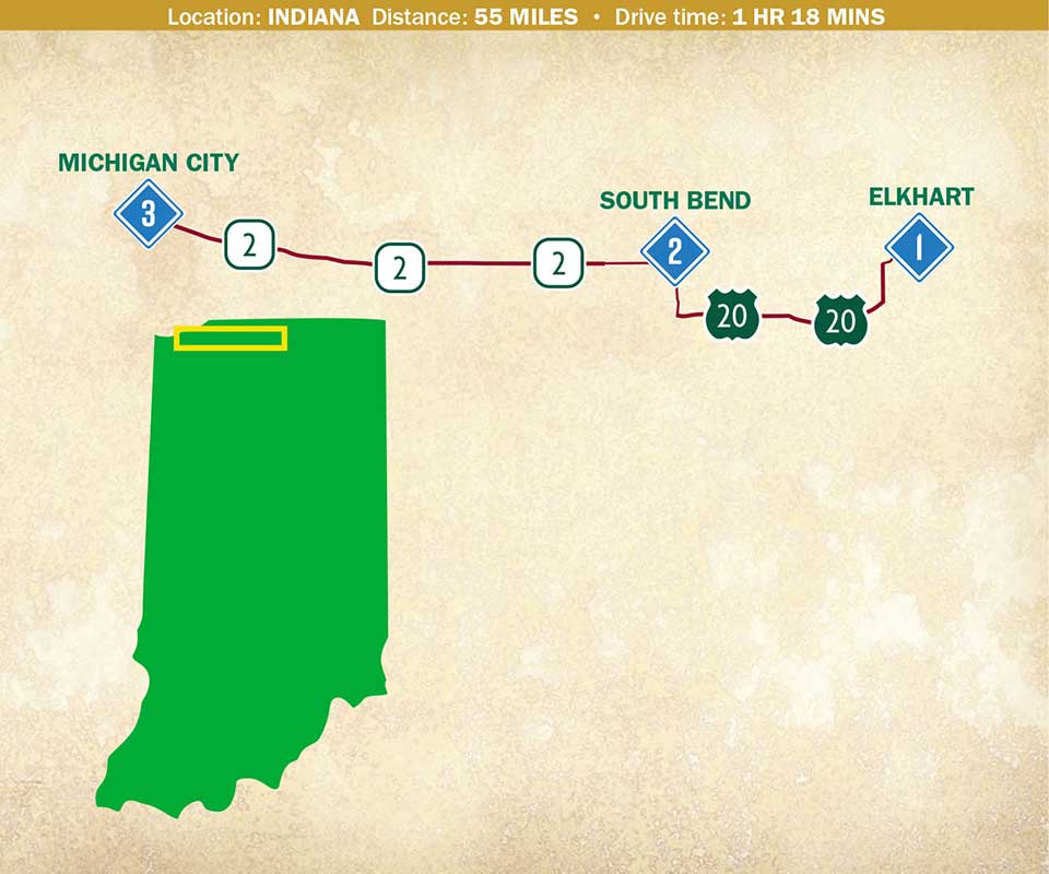 A map of Indiana showing a route through the northwest region.