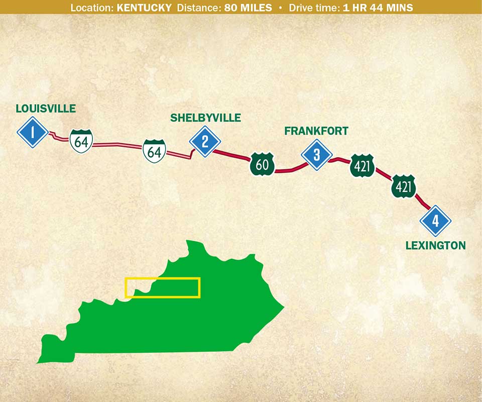 A map of Kentucky illustrating a trip that traverses its northern region.