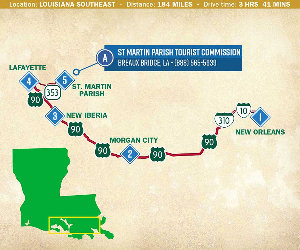 Map of southern Louisiana between St. Martin Parish and Louisiana