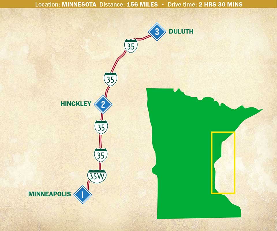A map indicating a route through eastern Minnesota