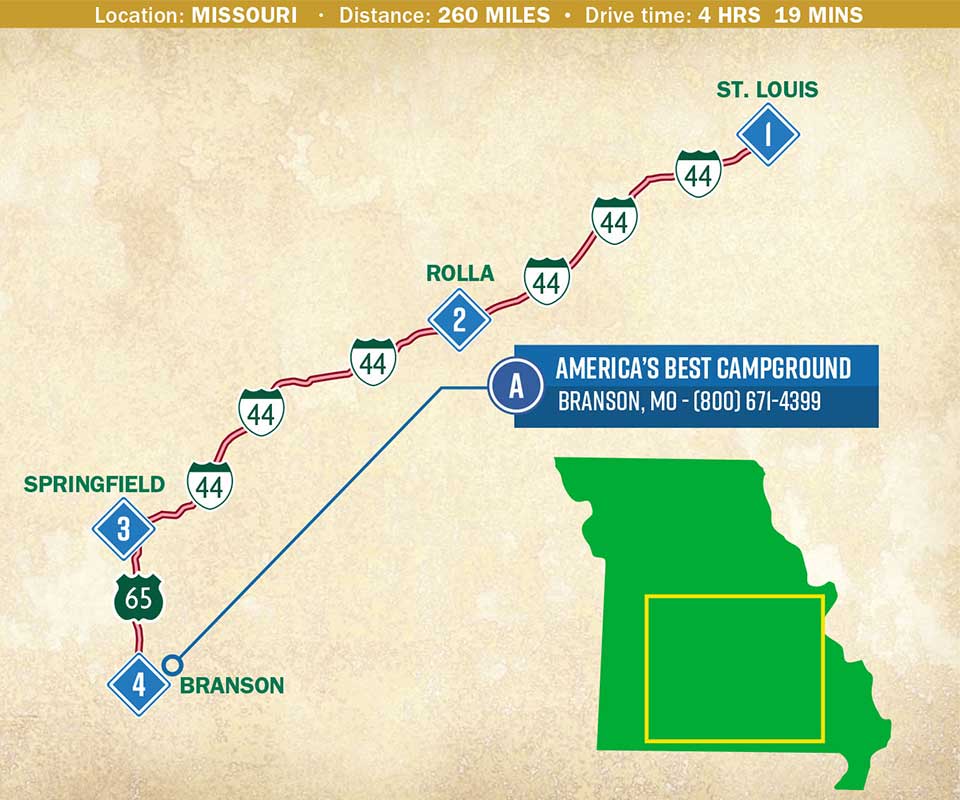 A map indicated a travel route through southern Missouri.