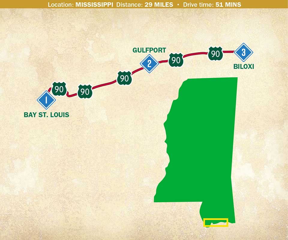 Mississippi road trip heading against mustard-colored background with RV graphic.