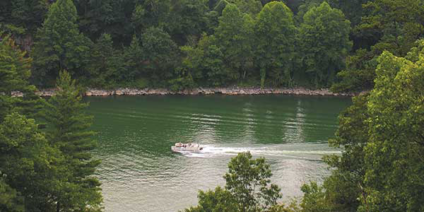 A motorboat cruises along a green river leaving a long wake.