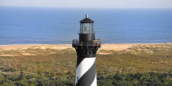 Still in operation, the Cape Hatteras Lighthouse rises 208 feet above the coast.