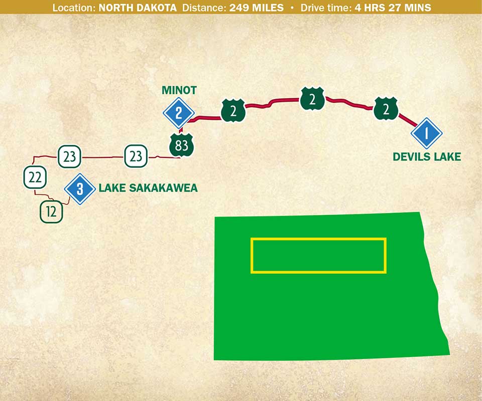 Map of a route through the northern portion of North Dakota.