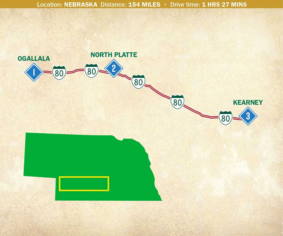 A map of a route along Interstate 80 in southern Nebraska 