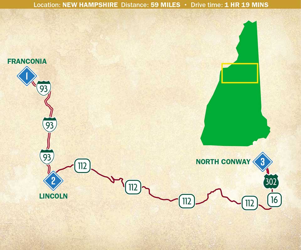 Map showing a travel route through New Hampshire's middle. 