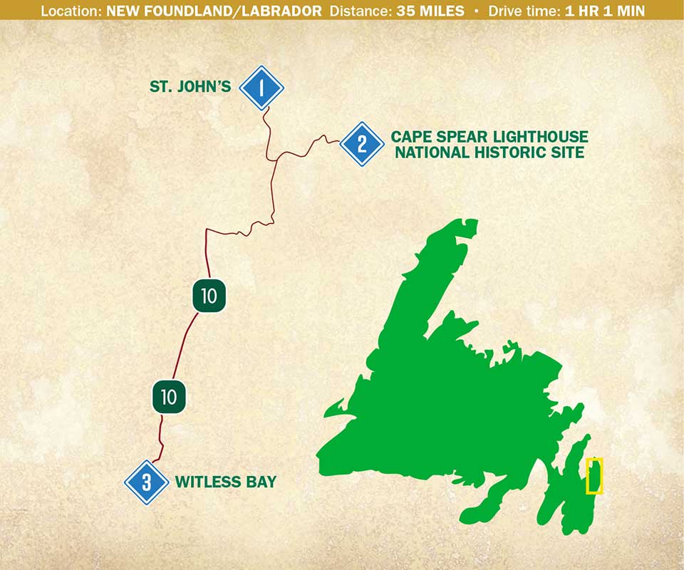 A map indicating a route through Newfoundland and Labrador