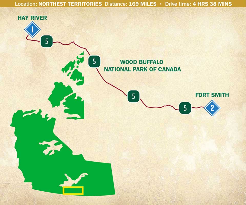 A map indicating a route through the south Northwest Territories.