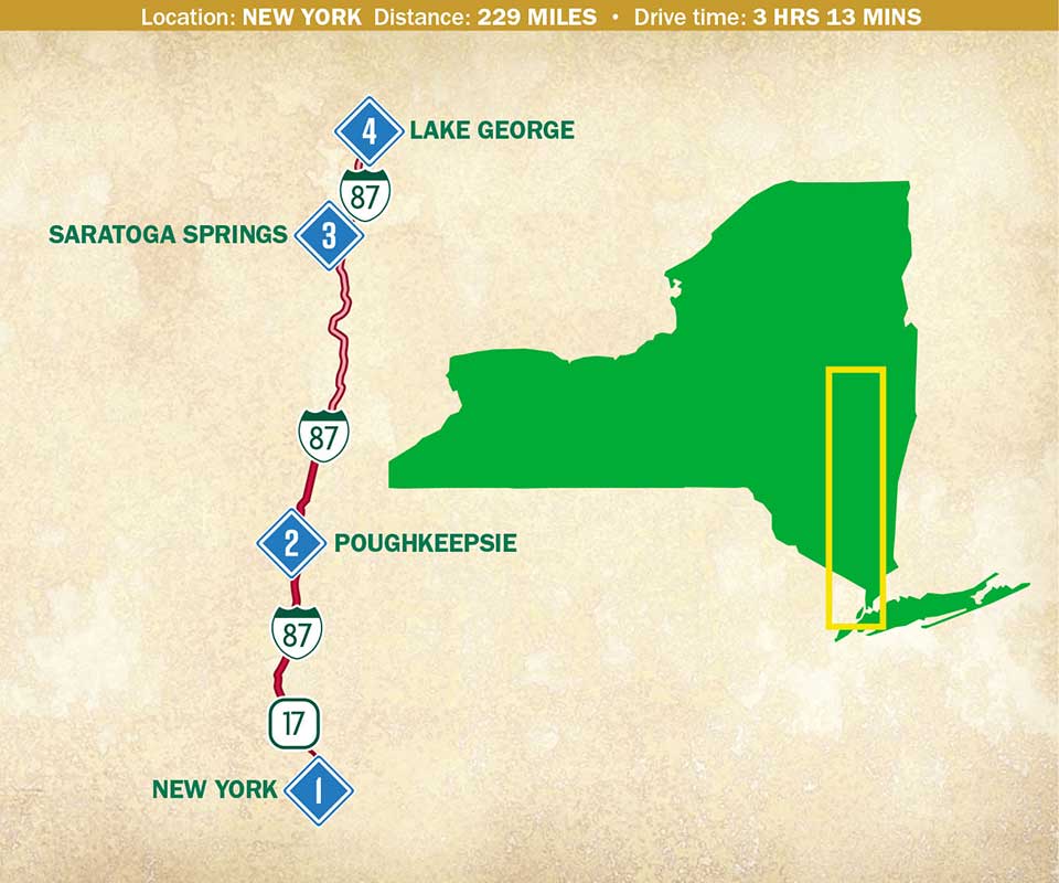 Map of New York with trip itinerary indicated in the southeast.