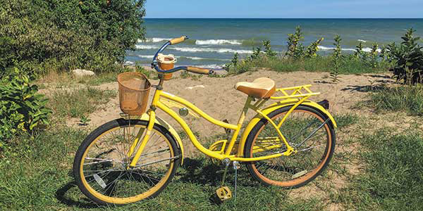 A bright yellow bicycle parked with lakeshore in the background.