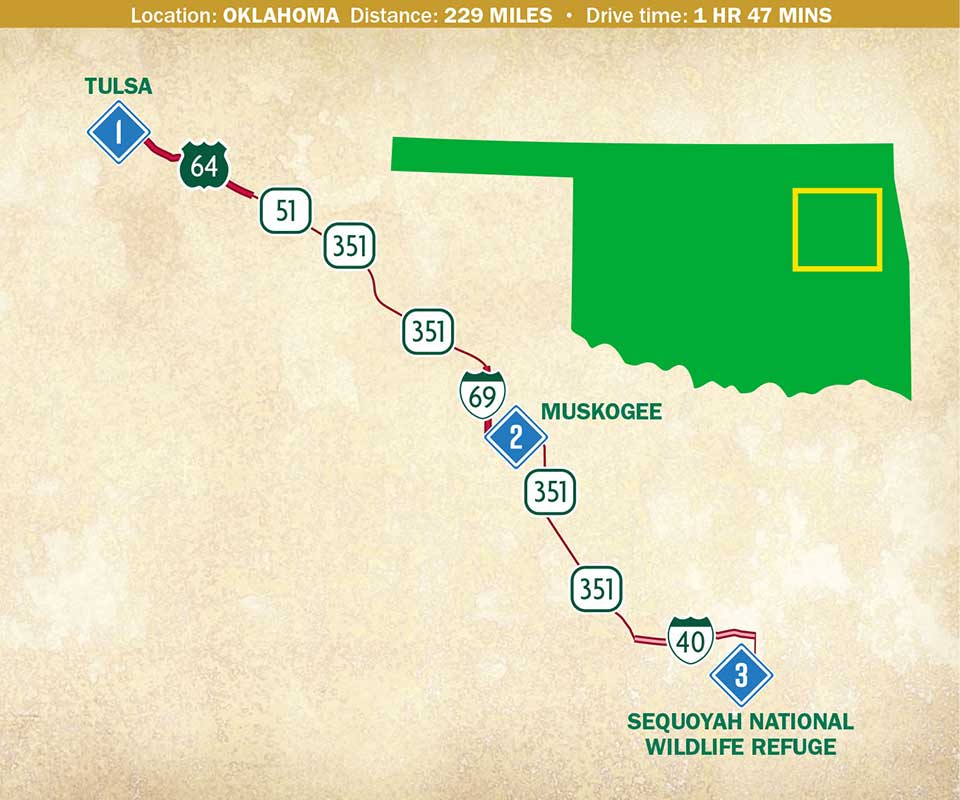 Map indicating a travel route through the state's northeast corner.