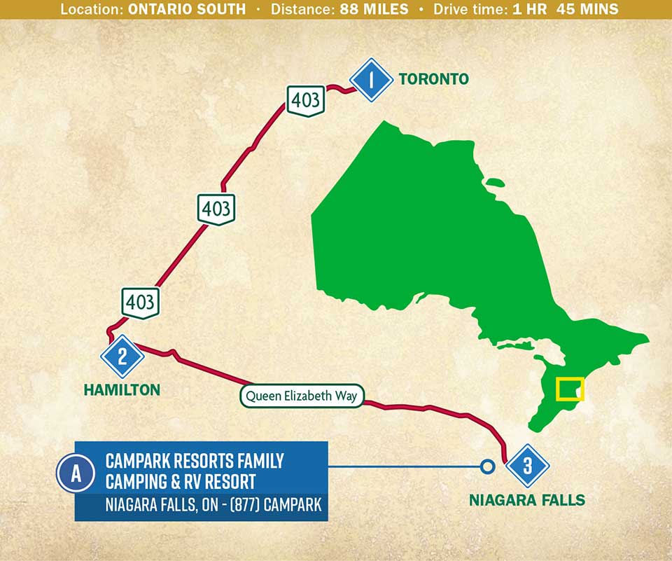 A map indicating a route through Ontario's south region.