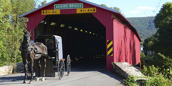 A black amish buggy emerged from a red covered bridge.