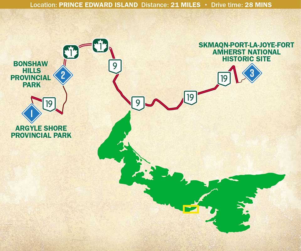 A map indicating a route through Prince Edward Island.