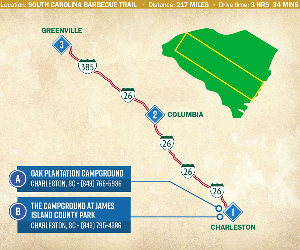 A map of South Carolina showing a long northwestern itinerary. 