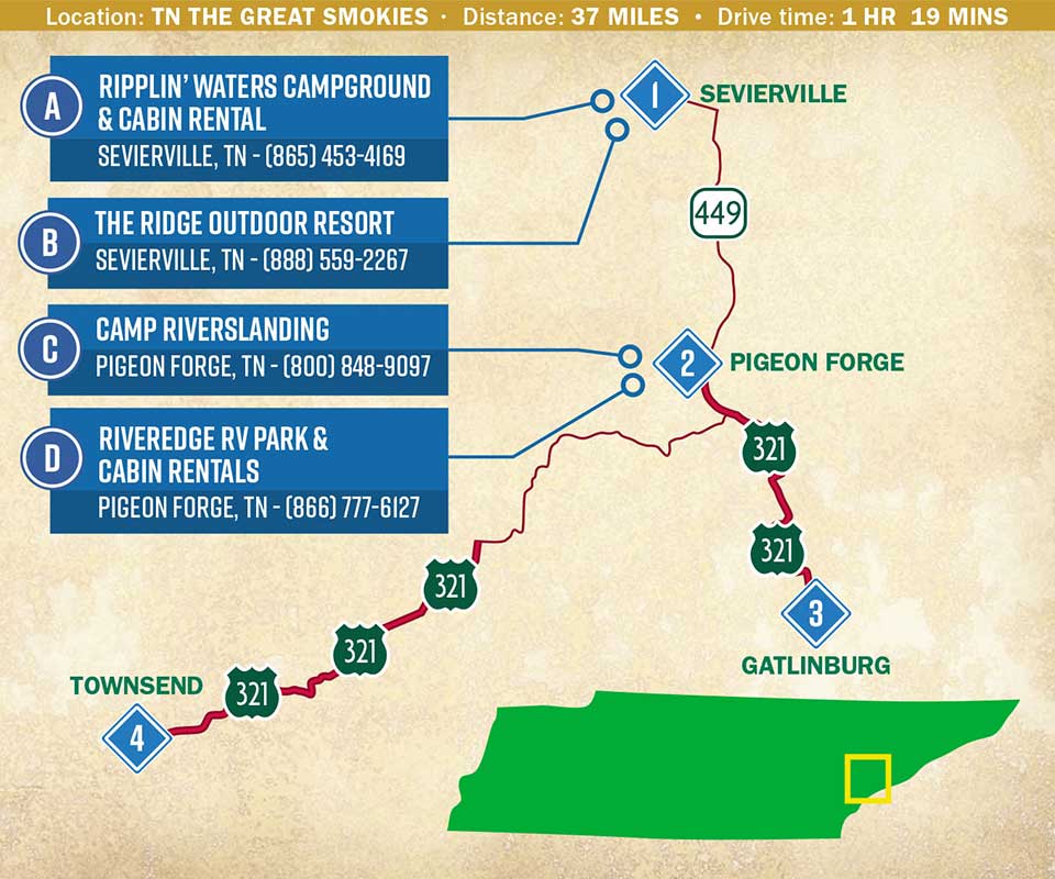 Map indicating trip itinerary through eastern Tennessee.