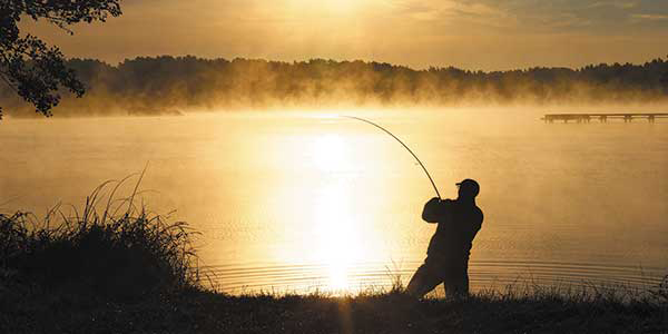 Angler pulls on his line during dawn on the banks of a mist-covered lake.