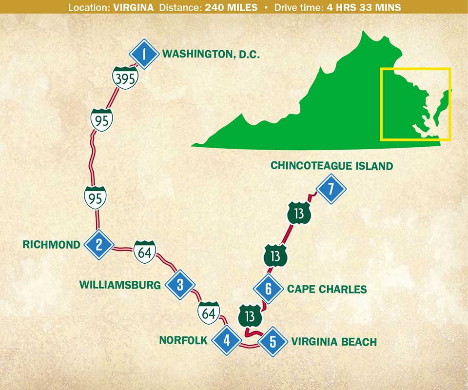 Map of a trip itinerary in coastal Virginia.