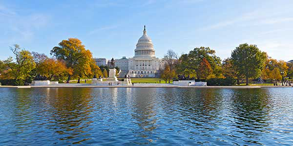 The U.S. Capitol building from across the Capitol Reflecting Pool.
