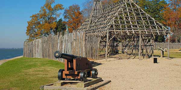 A replica of a period cannon stands guard in the Jamestown Settlement.