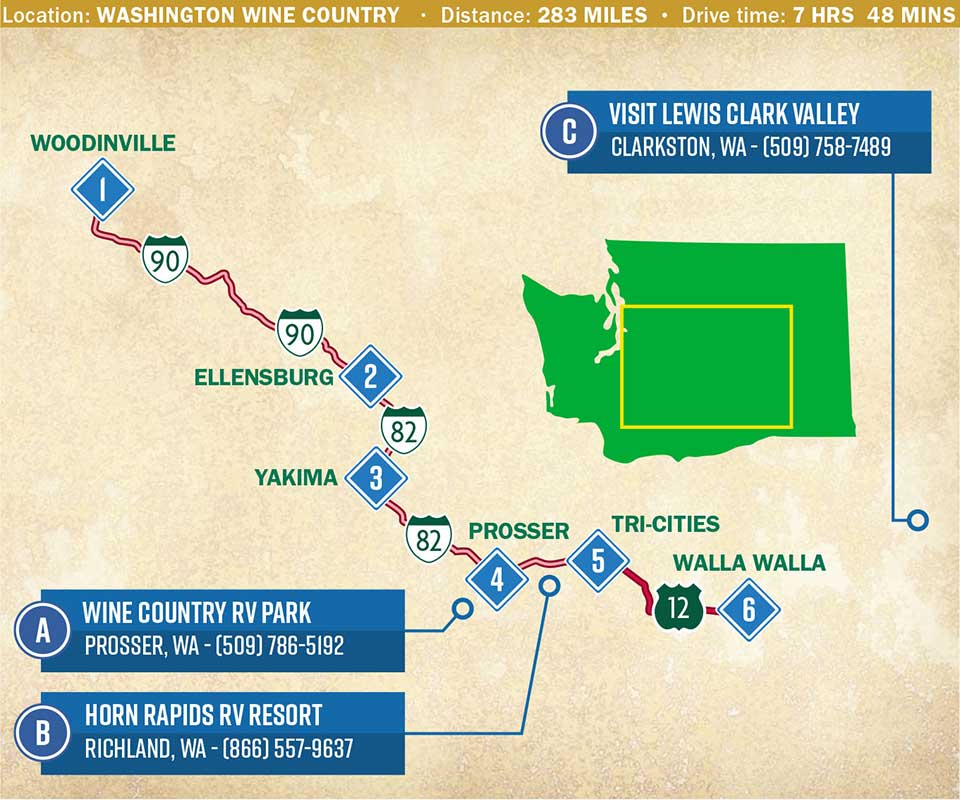 Map of a trip in south-central Washington