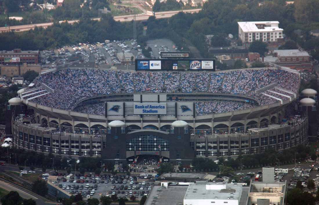 An aerial shot of a stadium filled with fans.